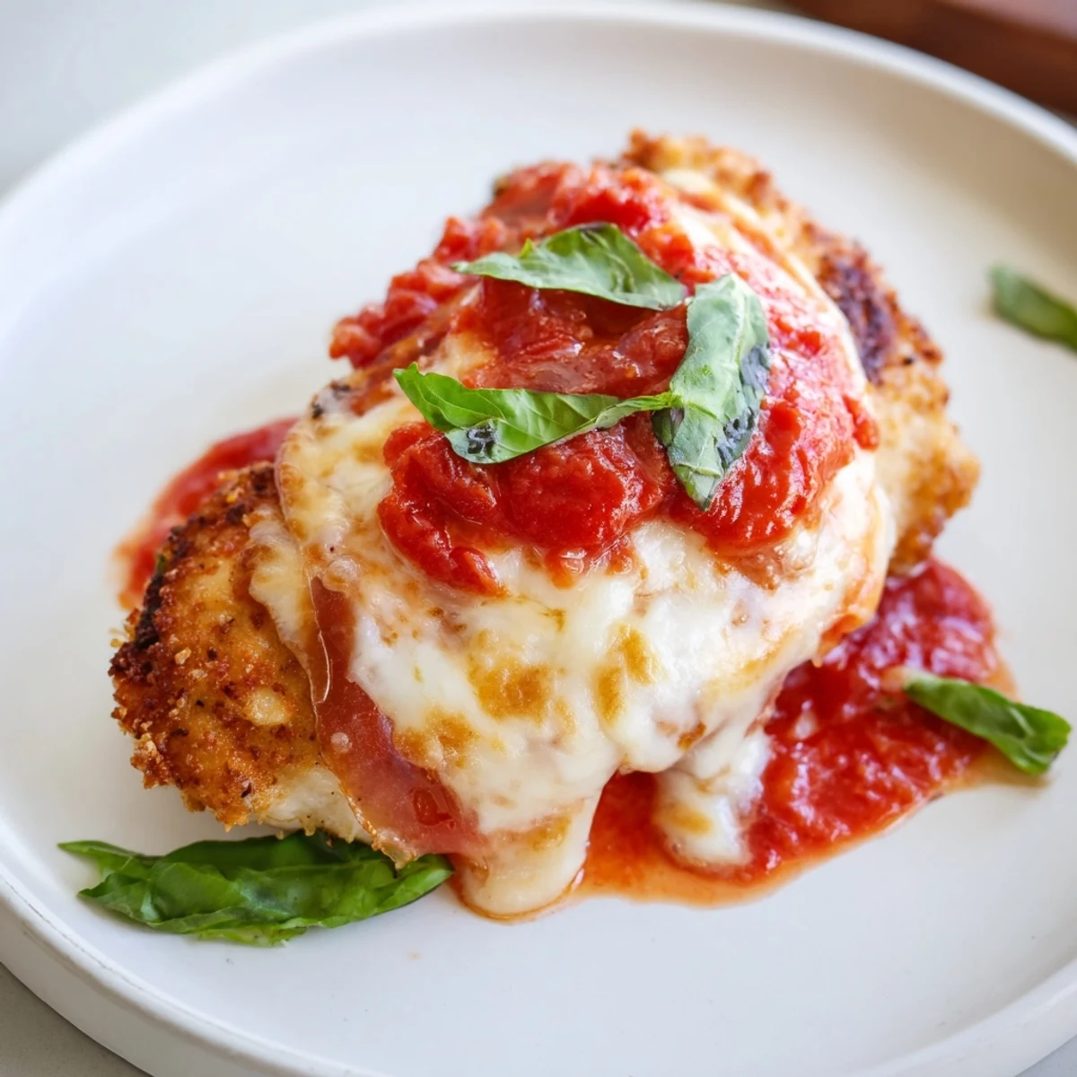 Golden Chicken Valdostana topped with melted Fontina, crispy prosciutto, and rich tomato sauce