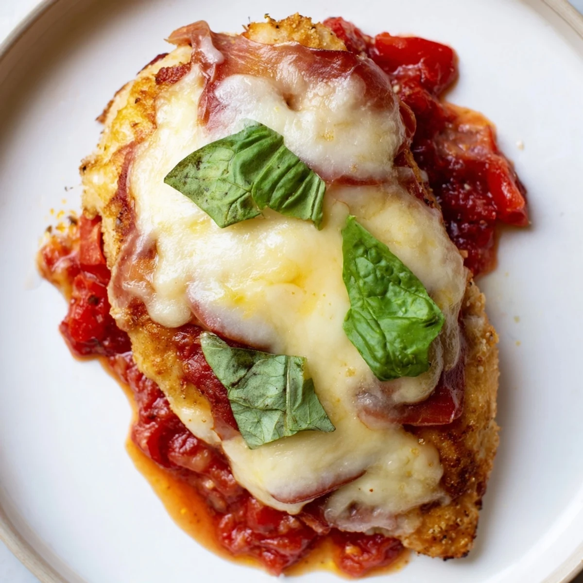 Chicken Valdostana served in a cast iron skillet with melted cheese, fresh basil, and crusty bread