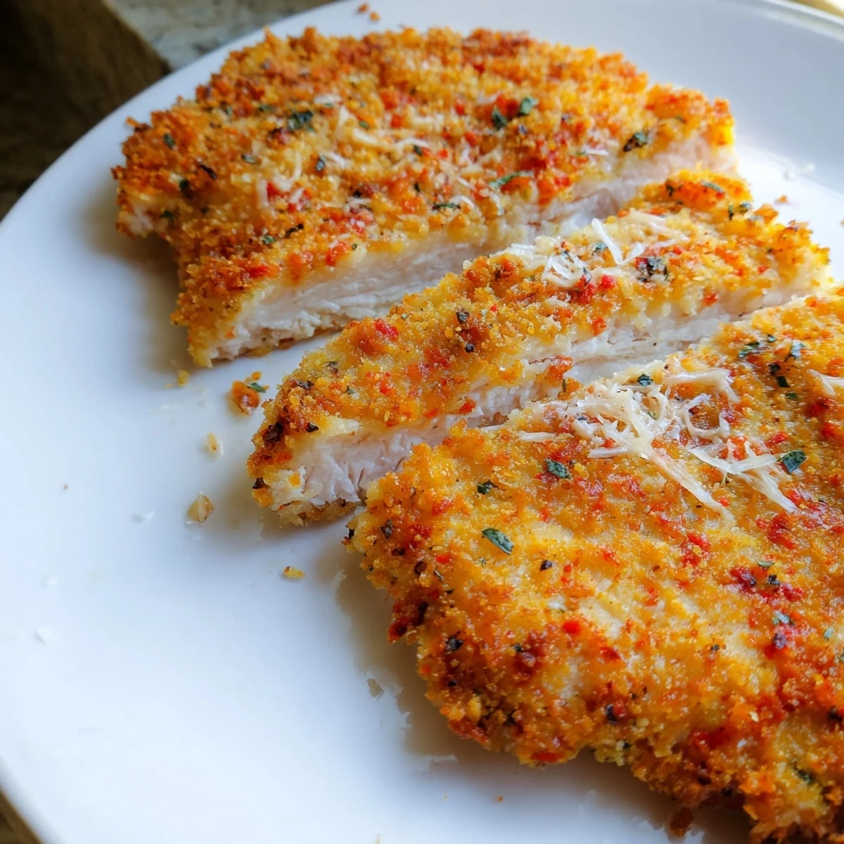 Crispy golden Paprika Parmesan Chicken fresh from the oven on a rustic plate