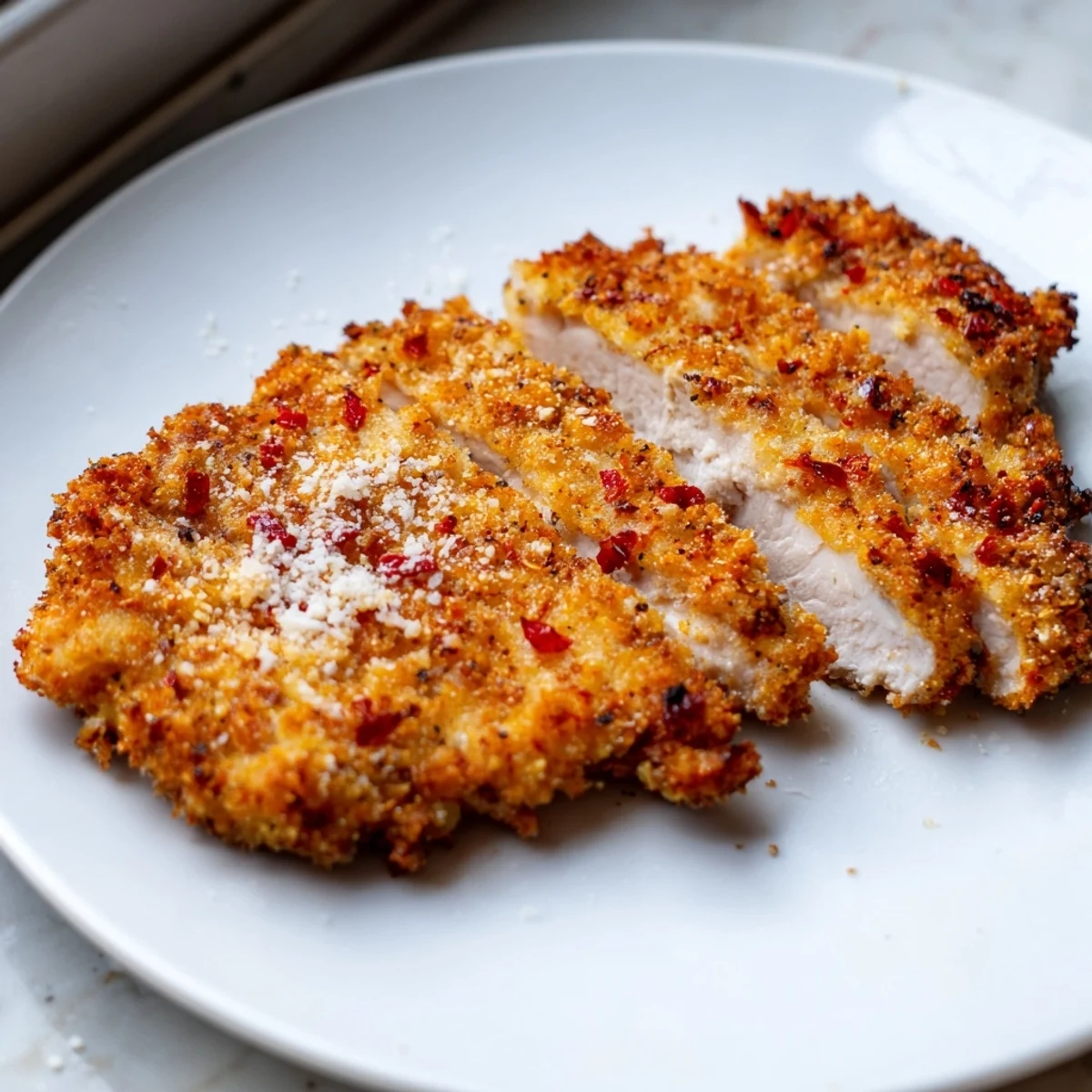 Paprika Parmesan Chicken served alongside roasted vegetables drizzled with olive oil
