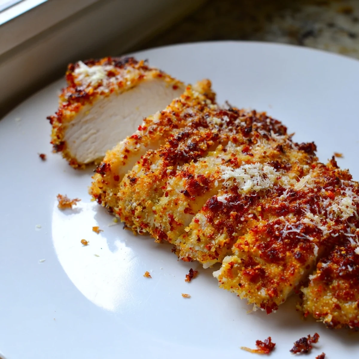 Juicy Paprika Parmesan Chicken sliced open revealing tender meat with a spiced crust