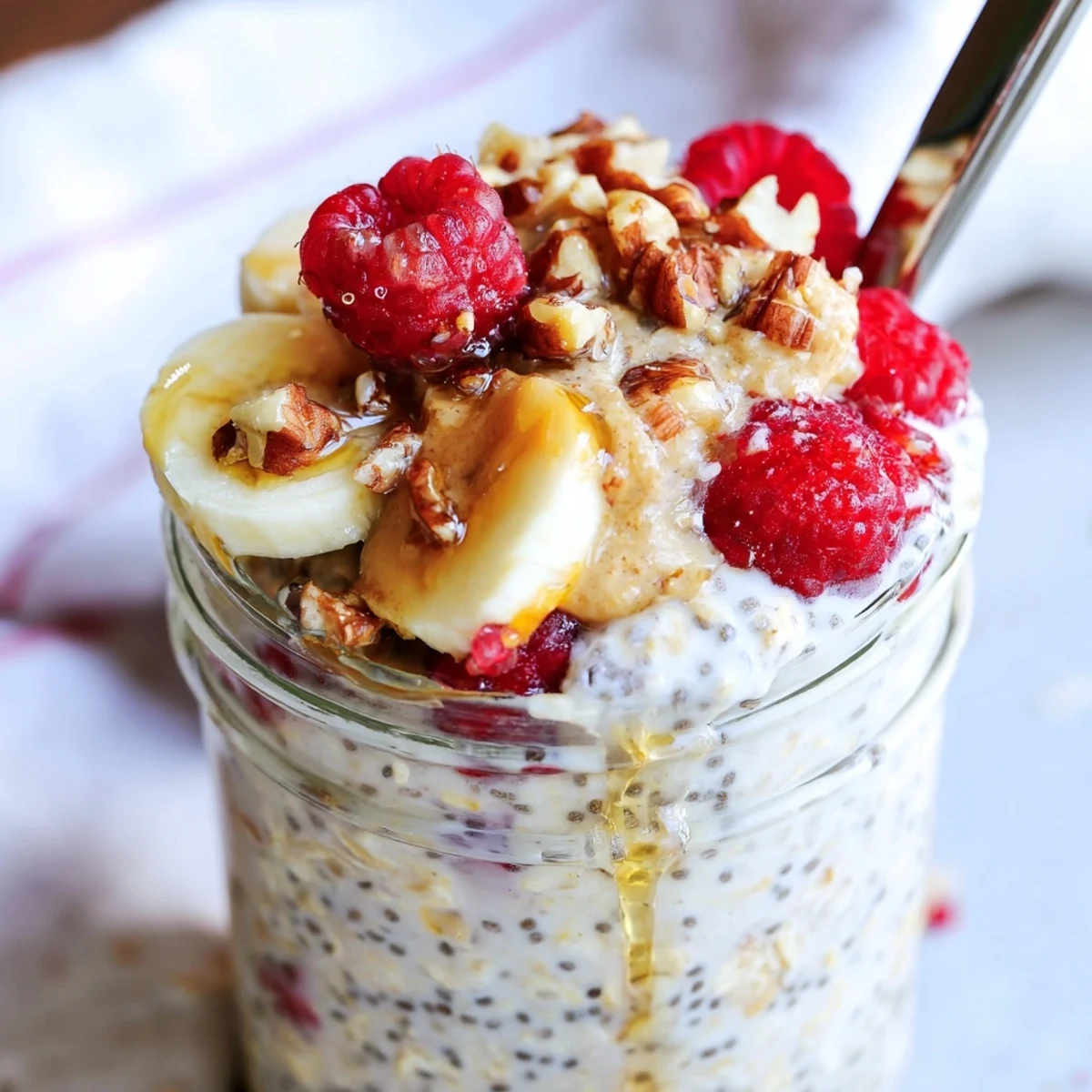 Protein overnight oats swirled with nut butter and sliced banana for a filling breakfast