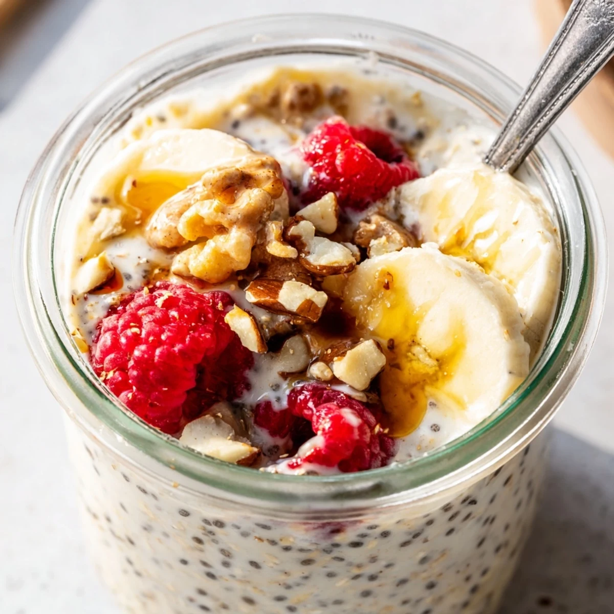 A close-up of protein overnight oats layered with Greek yogurt and crunchy chia seeds