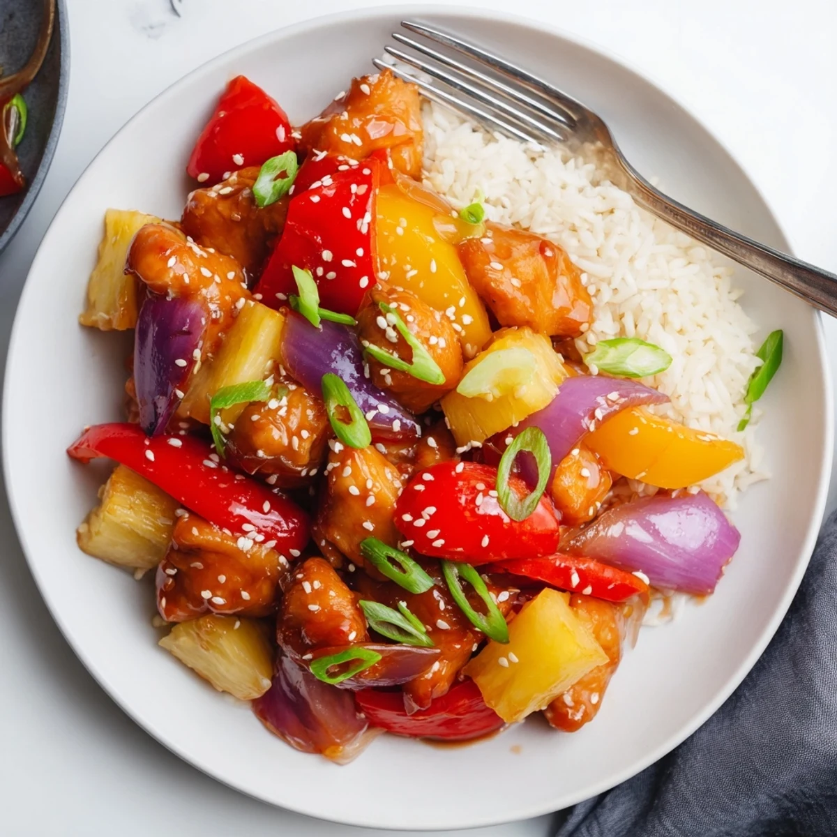 Golden Hawaiian chicken glazed in sticky pineapple sauce with sautéed colorful bell peppers