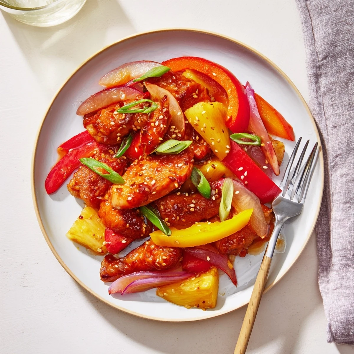 Thick-cut Hawaiian chicken drizzled with glossy pineapple sauce alongside caramelized onions and peppers