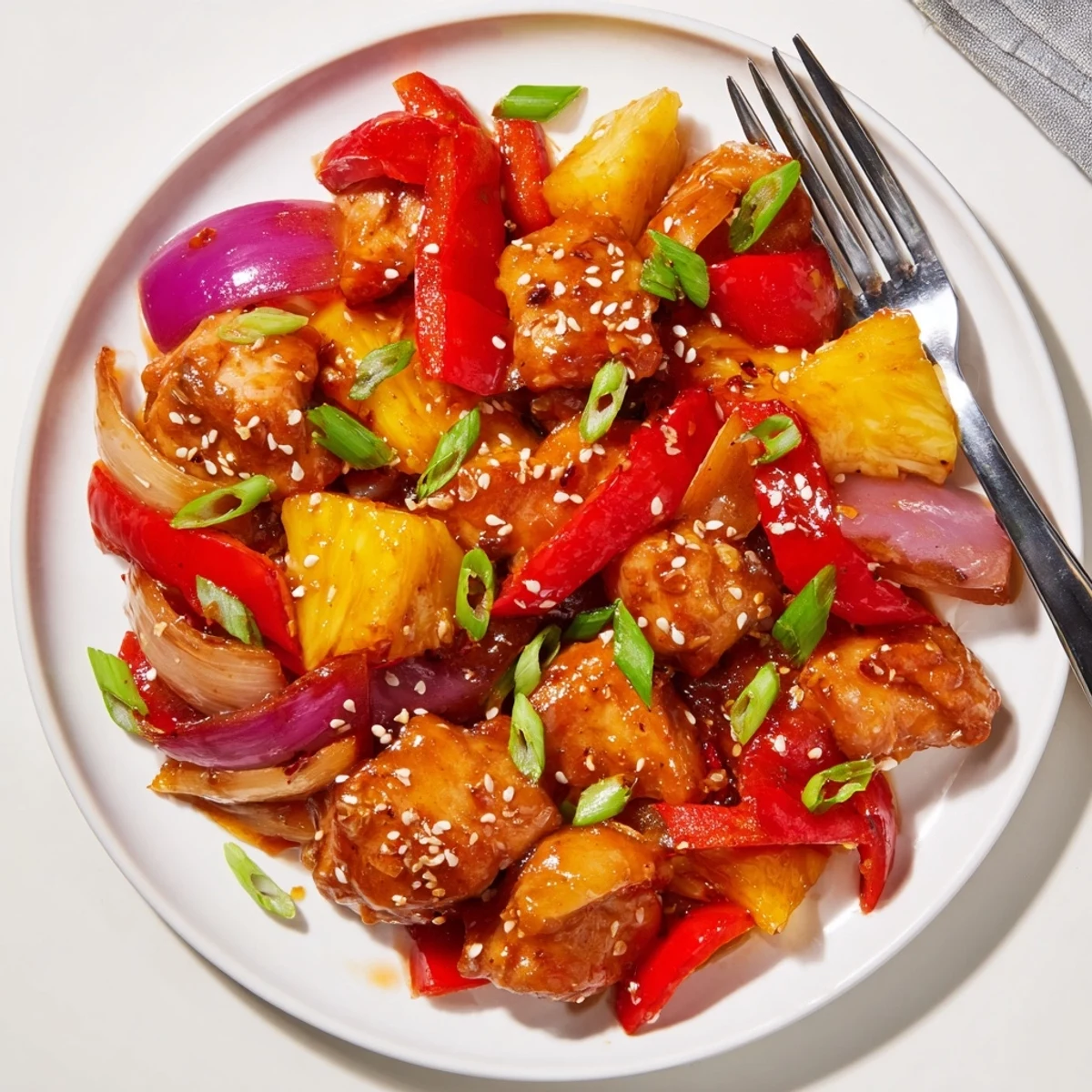 Hawaiian chicken thighs simmered in tangy sweet pineapple soy glaze with tender crisp vegetables