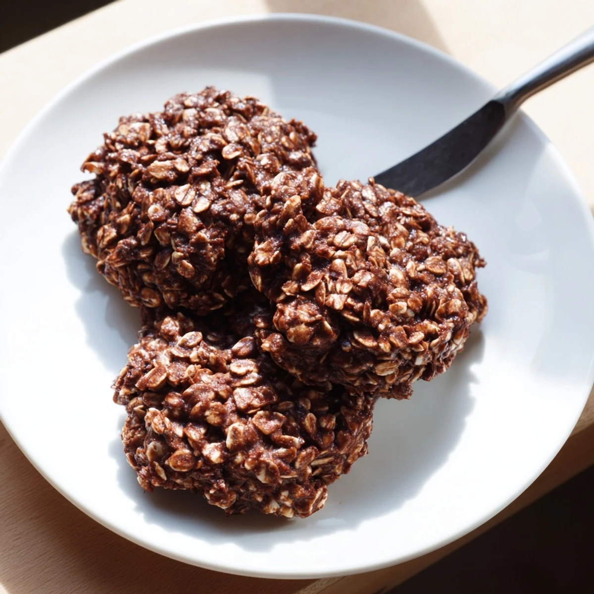 Glossy chocolate oatmeal no bake cookies cooling on a baking sheet dusted with cocoa