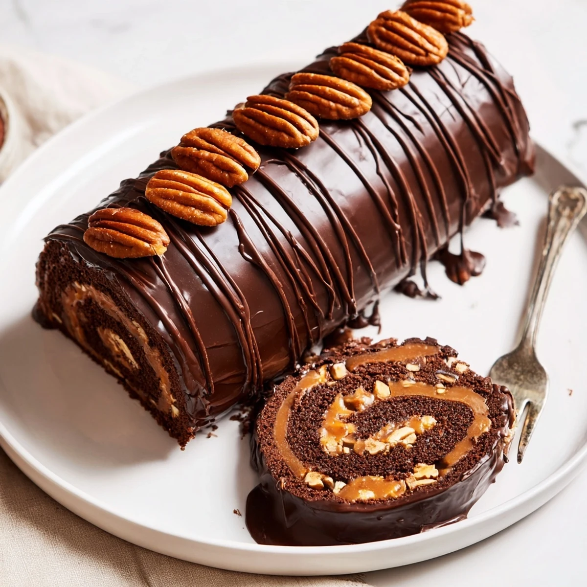 Gooey Chocolate Caramel Turtle Cake Roll sliced on a white plate with pecan garnish