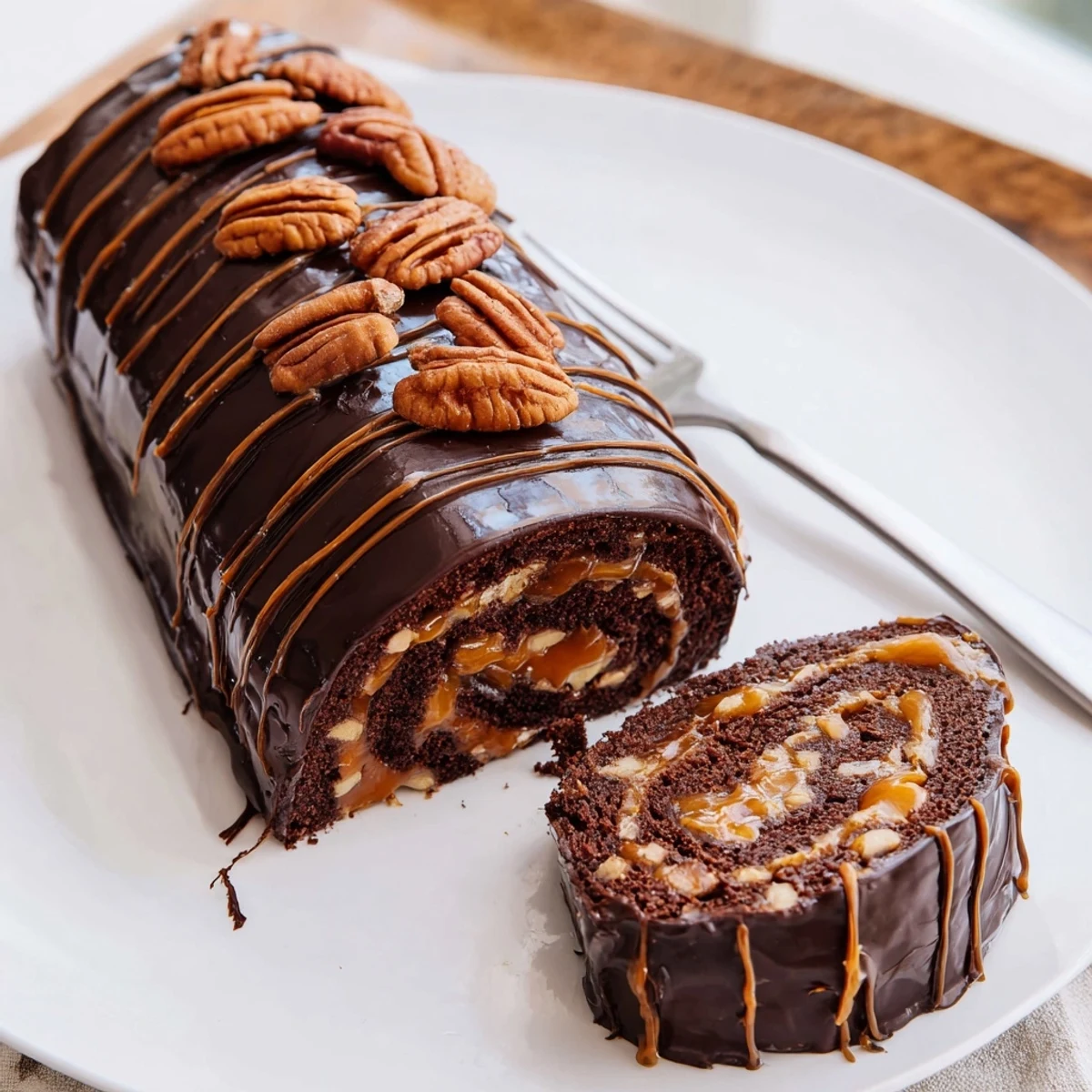 Chocolate Caramel Turtle Cake Roll