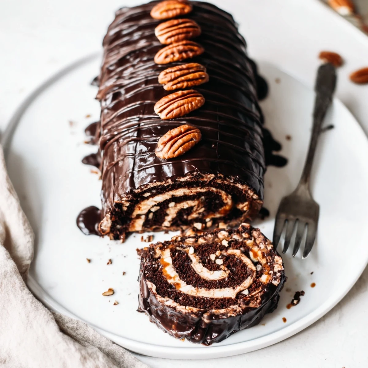 Swirled chocolate ganache and caramel drizzle coat this indulgent Gooey Chocolate Caramel Turtle Cake Roll