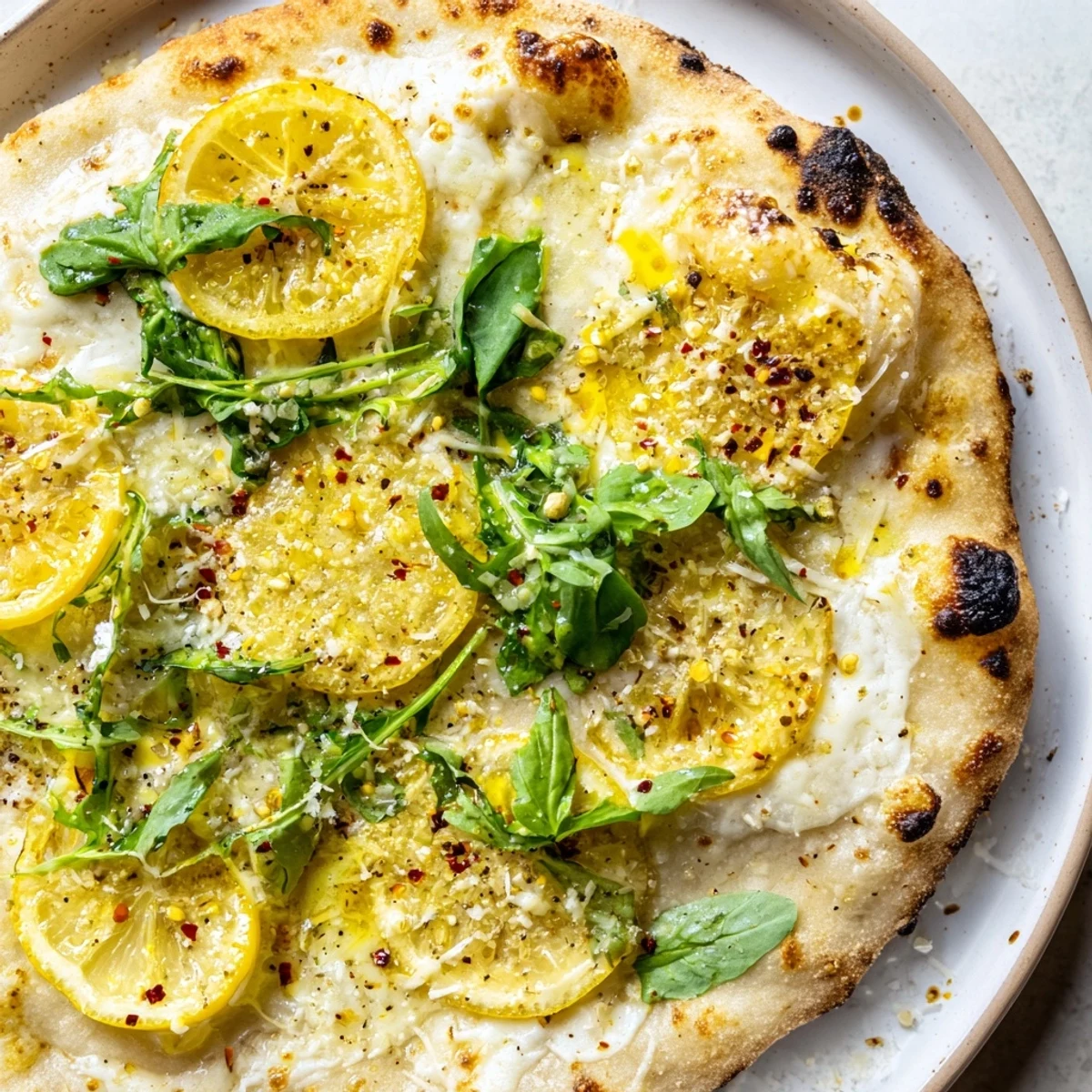 Golden Zesty Summer Lemon Pizza topped with fresh arugula and creamy melted mozzarella