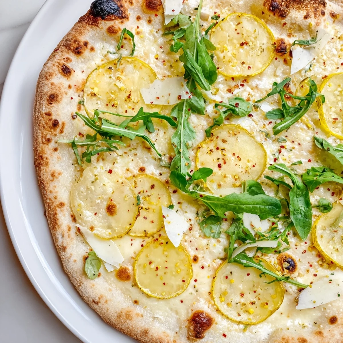 Zesty Summer Lemon Pizza garnished with basil leaves on a wooden serving board
