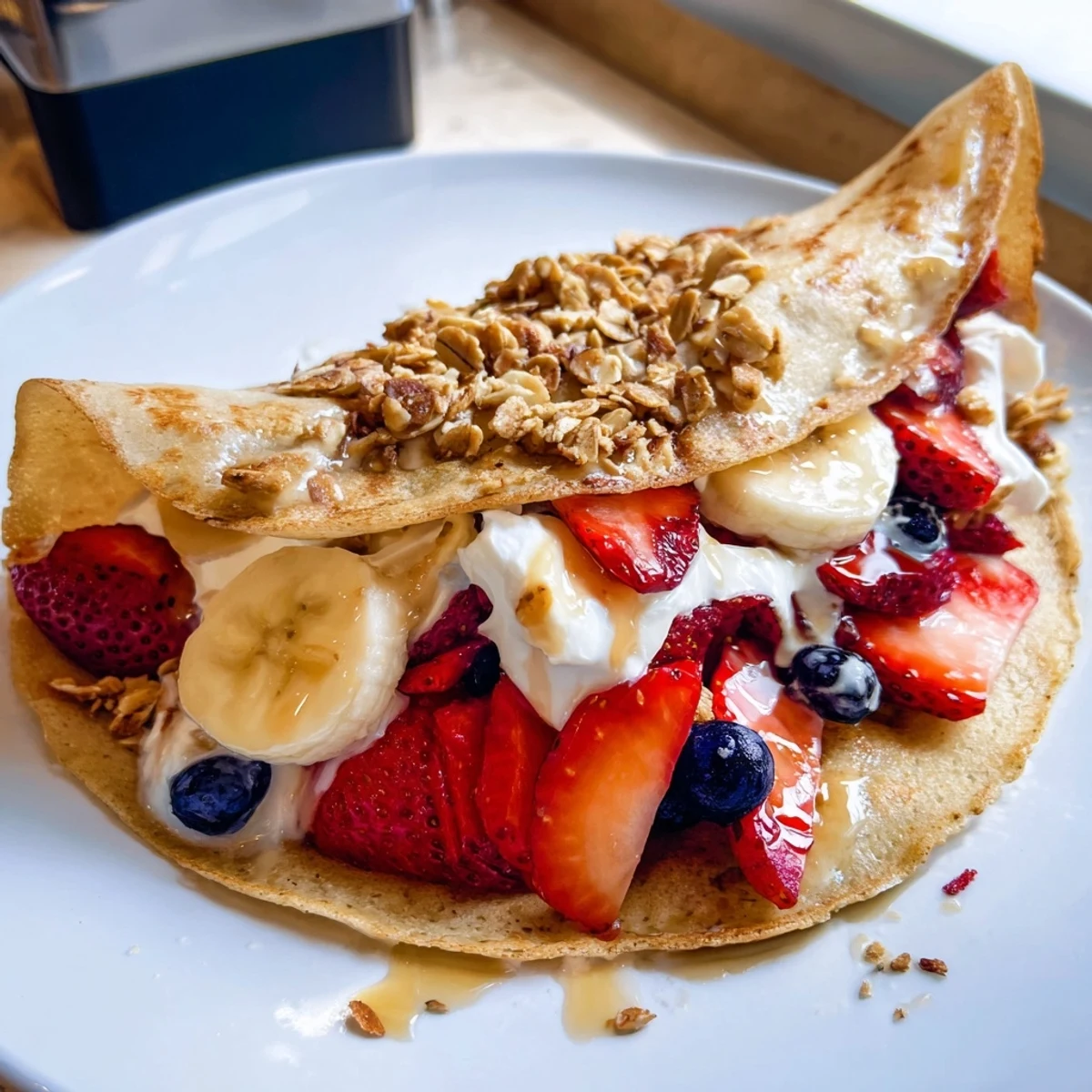 Fluffy pancake tacos filled with fresh strawberries and drizzled maple syrup