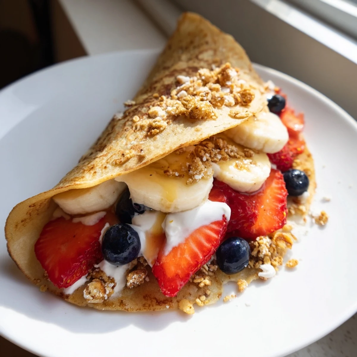 Soft pancake tacos topped with blueberries and a dollop of Greek yogurt