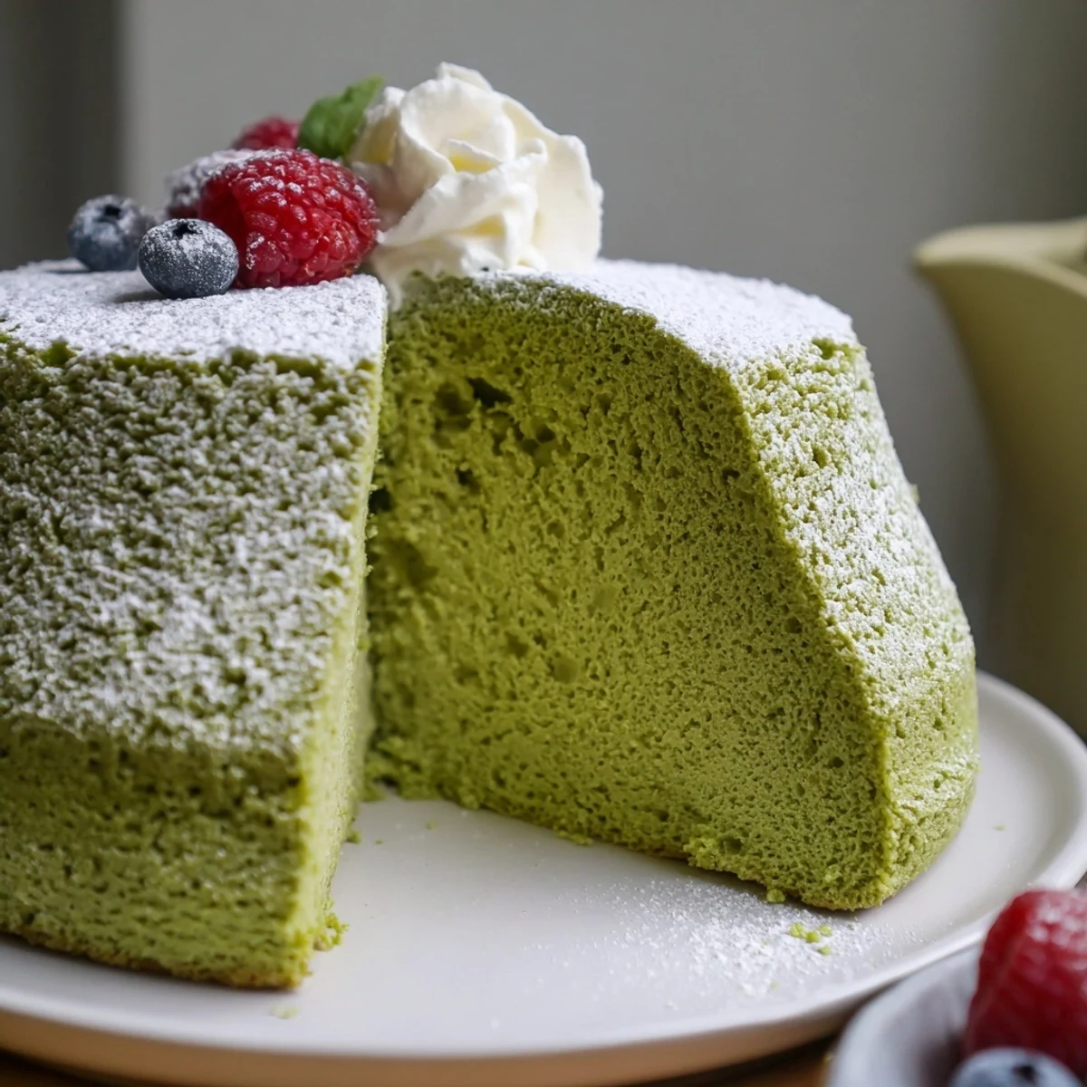 A slice of matcha cake topped with fresh berries and powdered sugar on a white plate