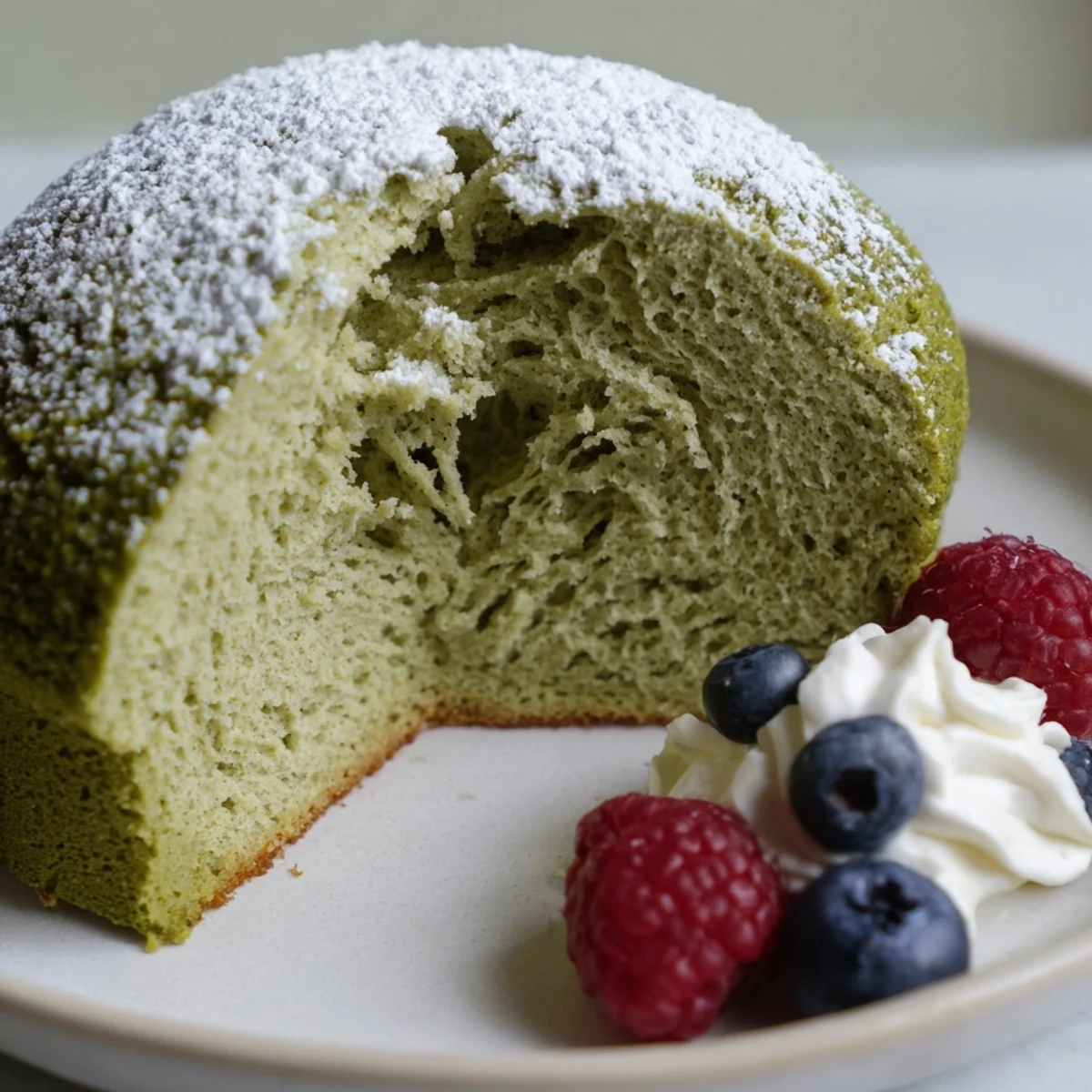 Fluffy green matcha cake with a tender crumb, dusted with powdered sugar and served on a ceramic plate