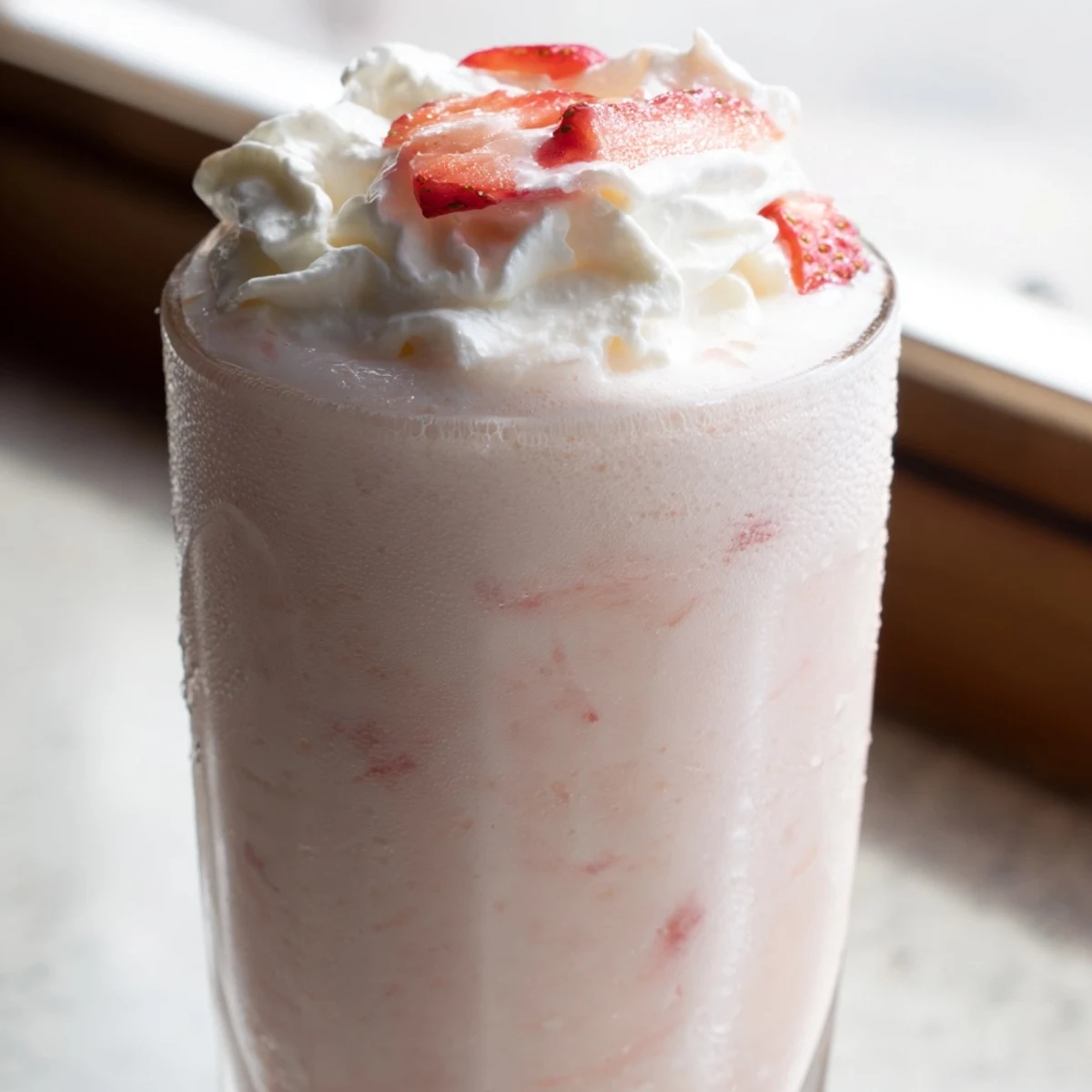 Thick strawberry milkshake blended with ripe berries and vanilla ice cream