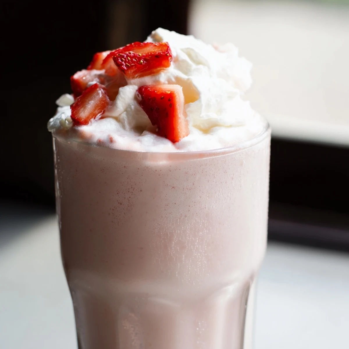Pink strawberry milkshake served with fresh fruit slices on a summer day