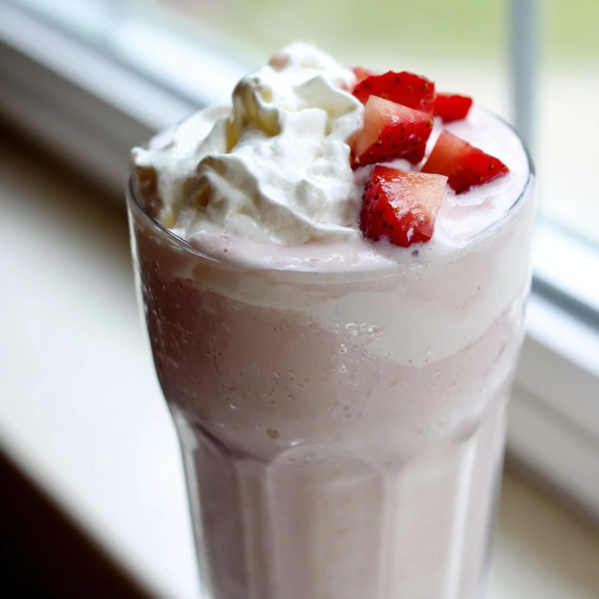 Creamy strawberry milkshake topped with whipped cream in a chilled glass