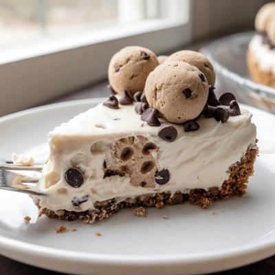 Sliced Chocolate Chip Cookie Dough Cheesecake resting chilled on a plate, creamy center