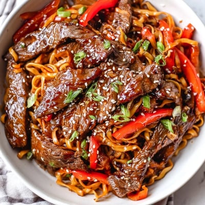A bowl of Sticky Beef Noodles steaming, savory-sweet aroma and chopped scallions.