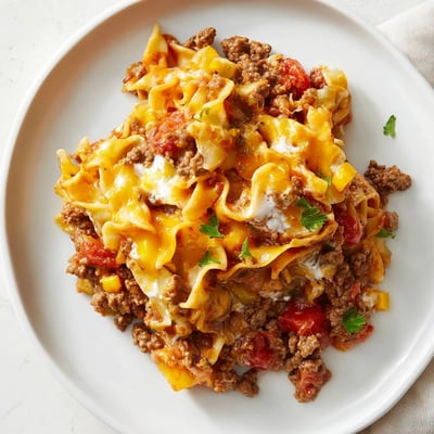 Warm Beef Noodle Casserole spoon-ready, savory tomato sauce and melted cheddar  