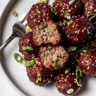 Baked Firecracker Meatballs piled on platter, sticky glaze and sliced scallions