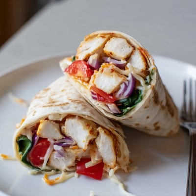 Warm Cozy Cheesy Garlic Chicken Wraps sliced in halves, spinach and tomato peeking