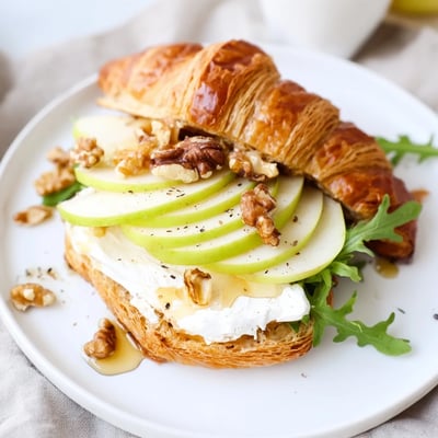 Photo of an Apple Goat Cheese Croissant Sandwich served with tea and napkin.