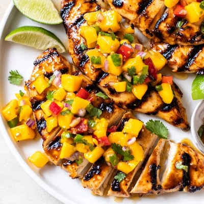Grilled honey lime chicken sliced and topped with vibrant tropical mango salsa