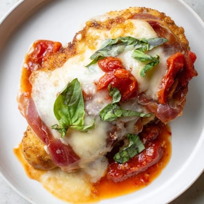 Creamy baked Chicken Valdostana with bubbling cheese and savory prosciutto over vibrant tomato sauce