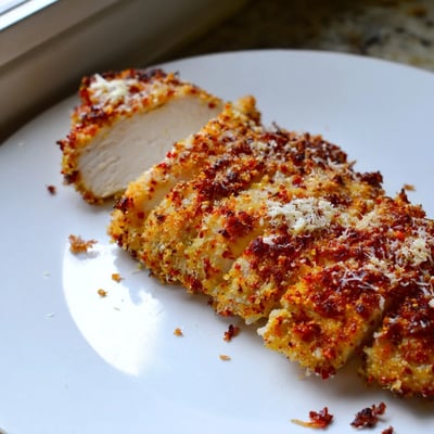 Juicy Paprika Parmesan Chicken sliced open revealing tender meat with a spiced crust
