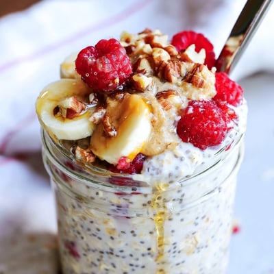Protein overnight oats swirled with nut butter and sliced banana for a filling breakfast