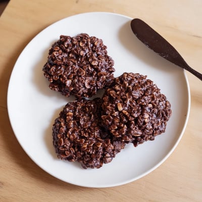 Chewy chocolate oatmeal no bake cookies studded with hearty oats and peanut butter swirls