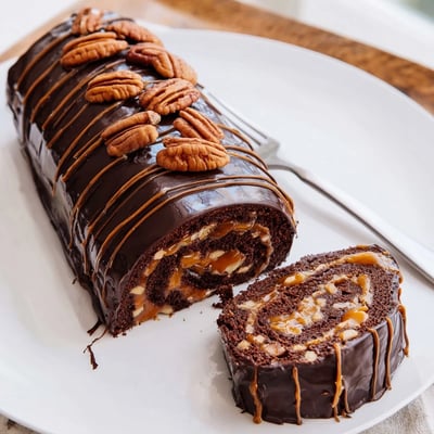 Chocolate Caramel Turtle Cake Roll